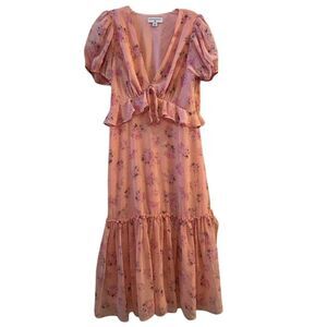 LoveShackFancy Pink Floral Ruffled Midi Dress Size 6- flaw